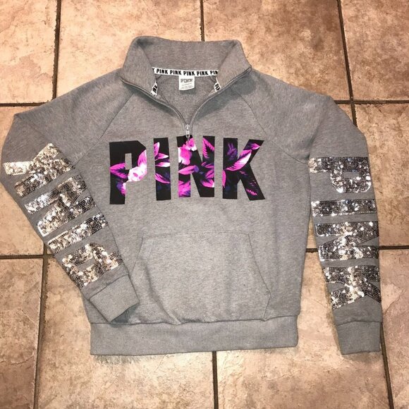 Women's PINK Victoria's Secret 1/4 Zip Floral Sequin Sweater- Size XS - Picture 1 of 8